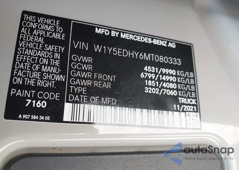 2021 Mercedes-Benz Sprinter 3500 High Roof V6 z USA, uszkodzony, nr VIN W1Y5EDHY6MT080333
